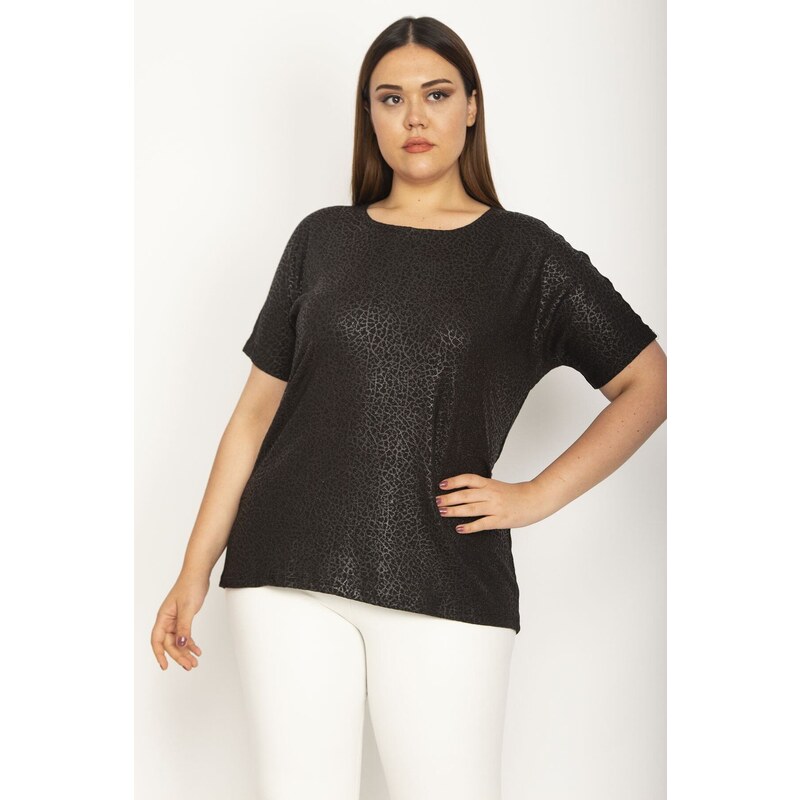 Şans Women's Plus Size Black Flocked Fabric Patterned Low-Sleeve Blouse