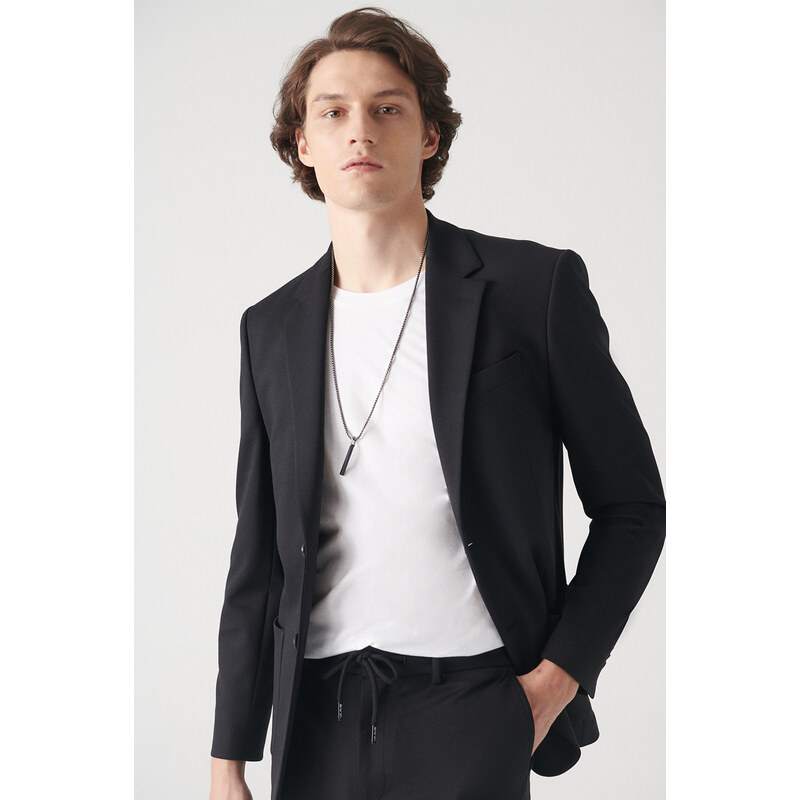 Avva Men's Black Knitted Flexible, Unlined Slim Fit Slim Fit Jacket