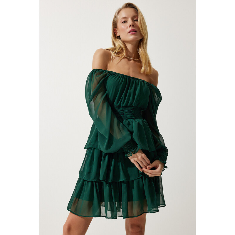 Happiness İstanbul Women's Emerald Green Flounce Chiffon Dress