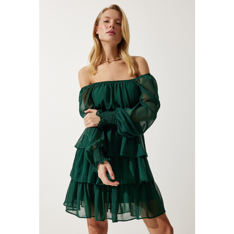 Happiness İstanbul Women's Emerald Green Flounce Chiffon Dress