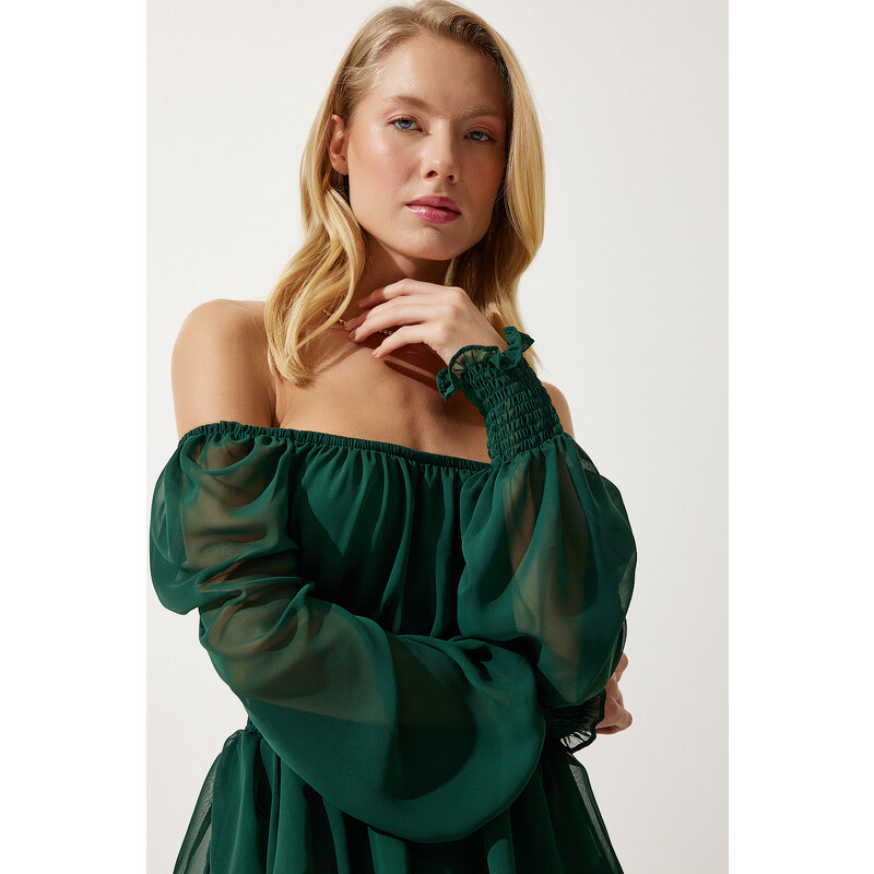 Happiness İstanbul Women's Emerald Green Flounce Chiffon Dress