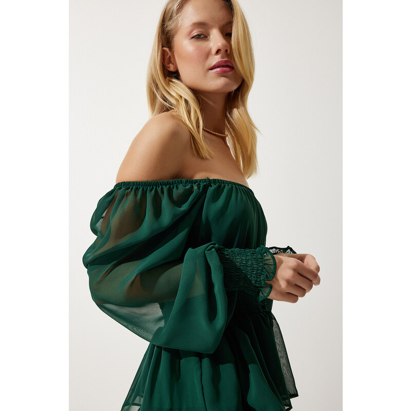 Happiness İstanbul Women's Emerald Green Flounce Chiffon Dress