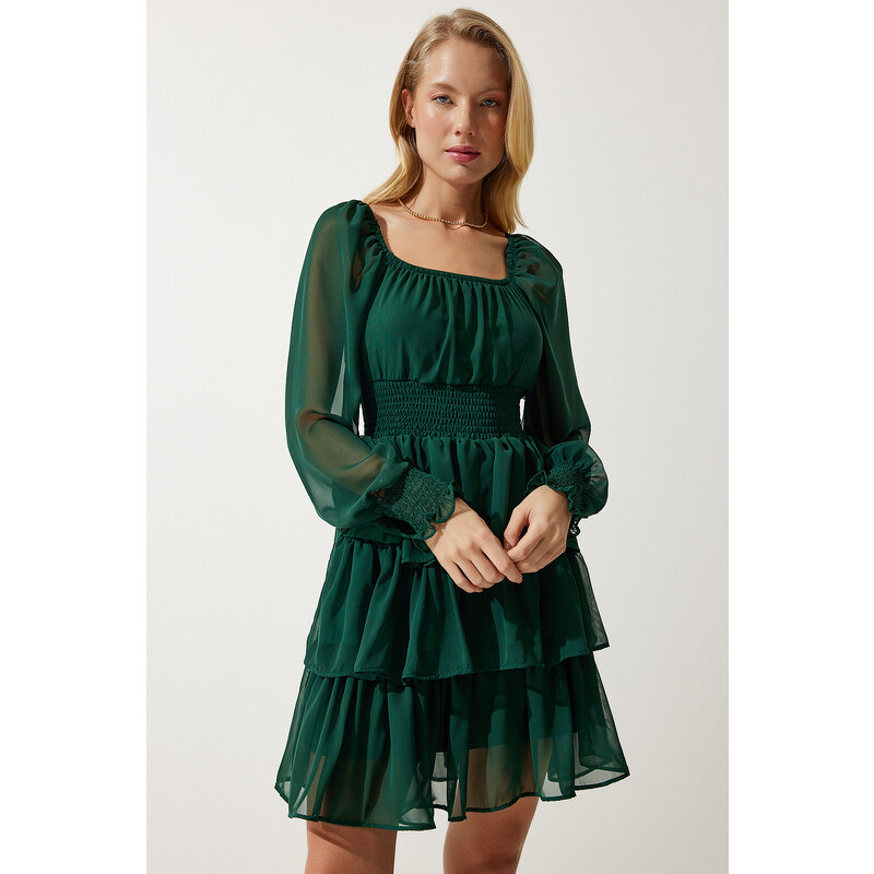 Happiness İstanbul Women's Emerald Green Flounce Chiffon Dress