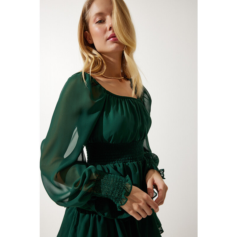 Happiness İstanbul Women's Emerald Green Flounce Chiffon Dress