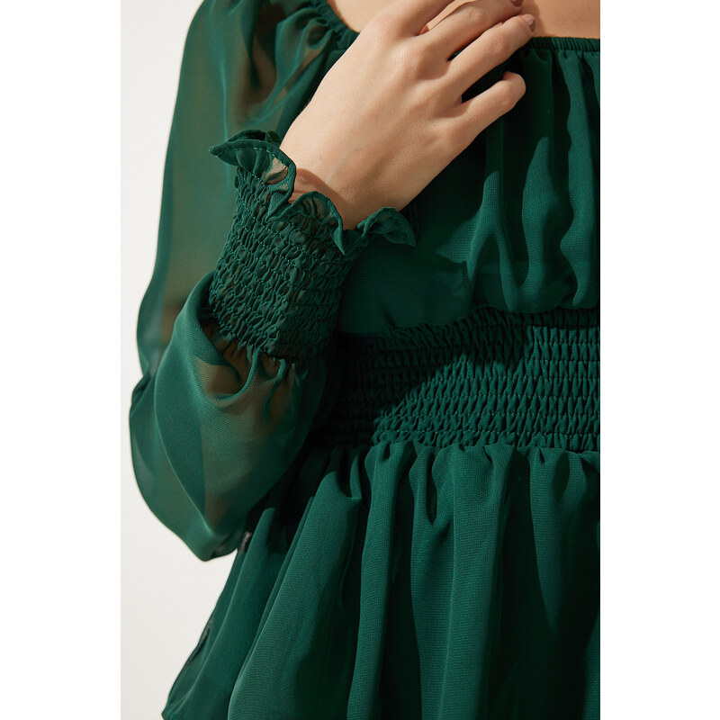 Happiness İstanbul Women's Emerald Green Flounce Chiffon Dress