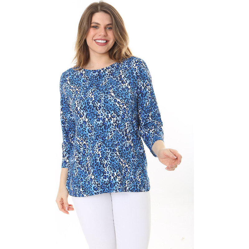 Şans Women's Plus Size Blue Back Detail Crew Neck Capri Sleeve Blouse