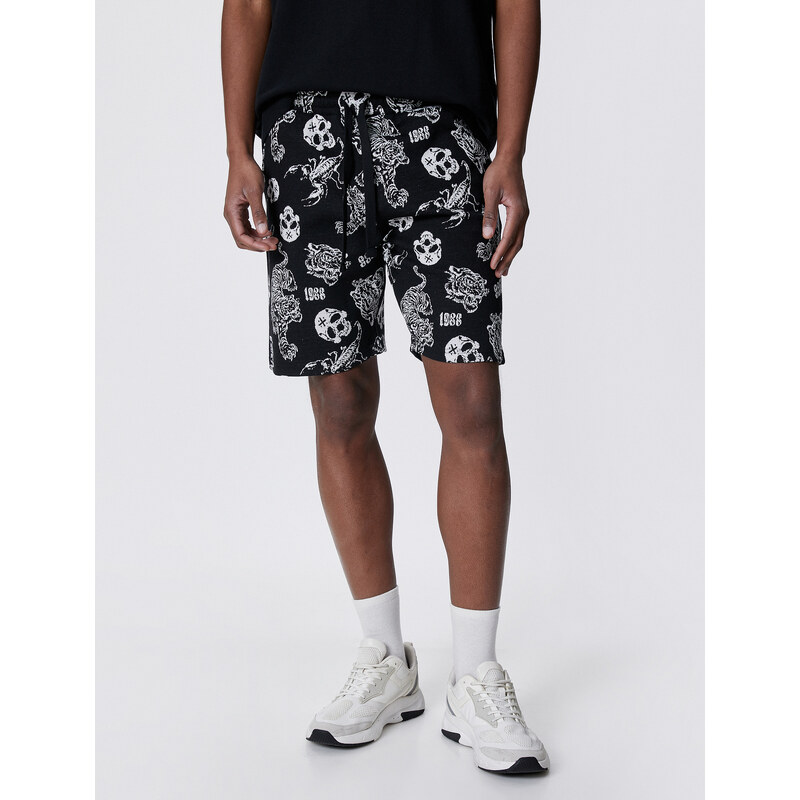 Koton Lace Waist Shorts Skull Printed Pocket Detailed Slim Cut