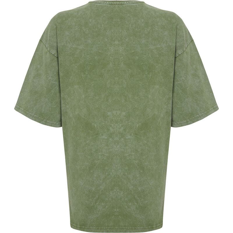 Trendyol Khaki Antique/Faded Effect Oversize/Wide Cut Cotton Knitted T-Shirt