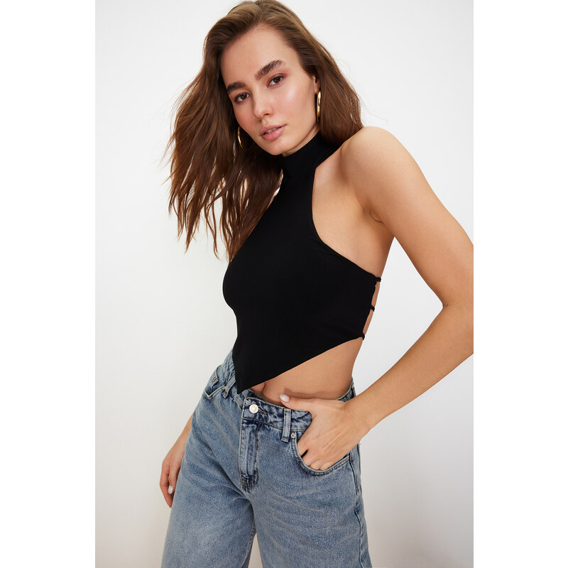 Trendyol Black High Neck Crop Open Shoulder Knitted Blouse