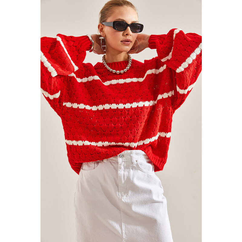 Bianco Lucci Women's Striped Balloon Sleeve Honeycomb Knitted Sweater