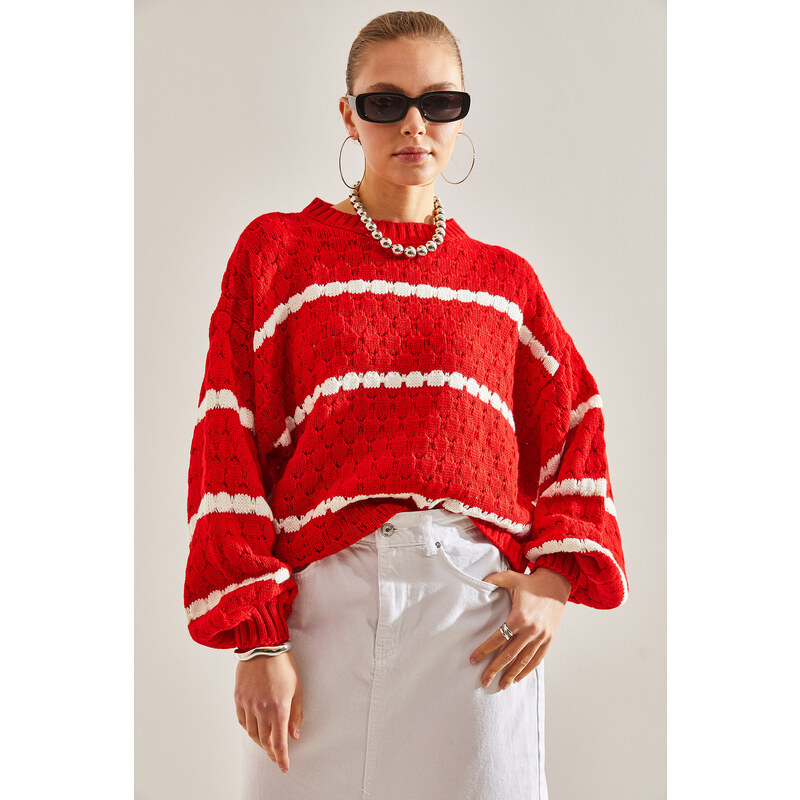 Bianco Lucci Women's Striped Balloon Sleeve Honeycomb Knitted Sweater