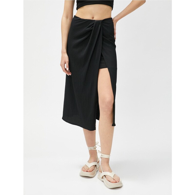 Koton Midi Skirt with Draping and Slits Lined, Textured