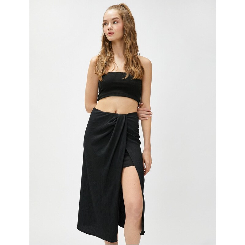 Koton Midi Skirt with Draping and Slits Lined, Textured