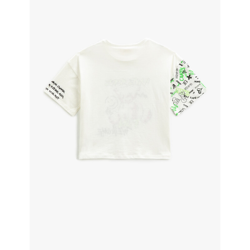 Koton Oversized Crop T-Shirt with Printed Short Sleeves Crew Neck