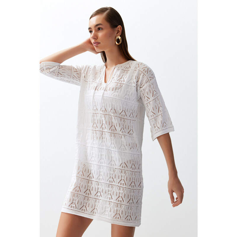 Trendyol Bridal White Mini Knitted Tie-Up Knitwear Look Beach Dress