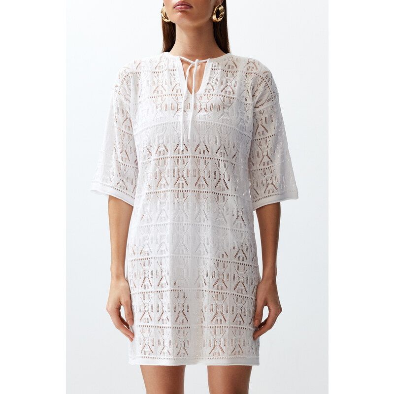 Trendyol Bridal White Mini Knitted Tie-Up Knitwear Look Beach Dress