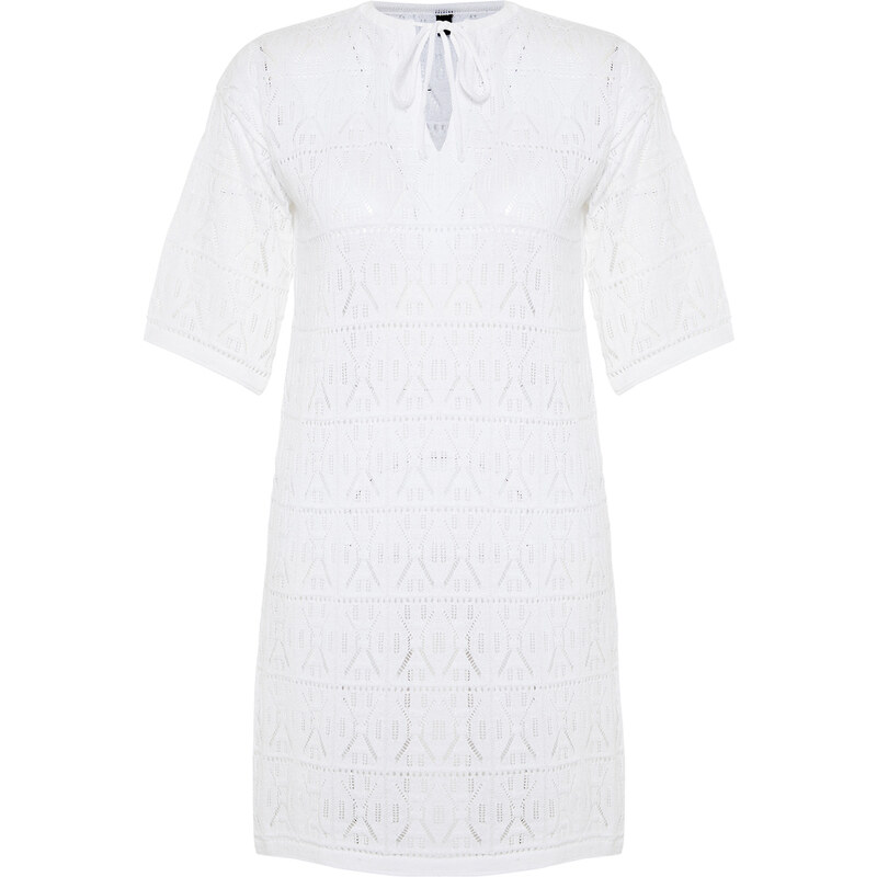 Trendyol Bridal White Mini Knitted Tie-Up Knitwear Look Beach Dress