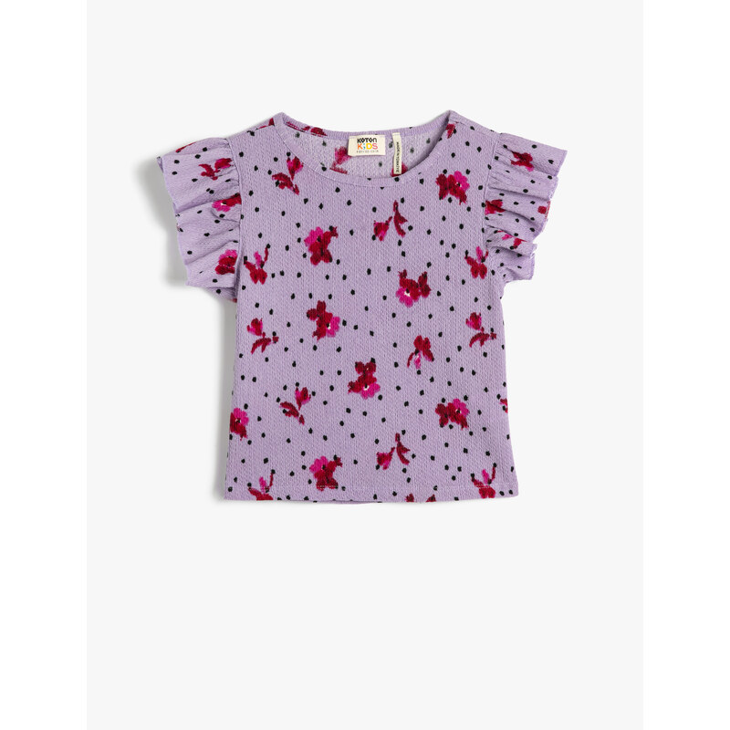 Koton Floral T-Shirt, Textured Round Neck with Ruffles