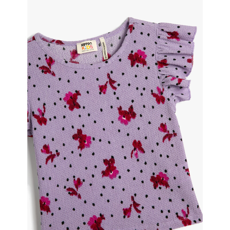 Koton Floral T-Shirt, Textured Round Neck with Ruffles