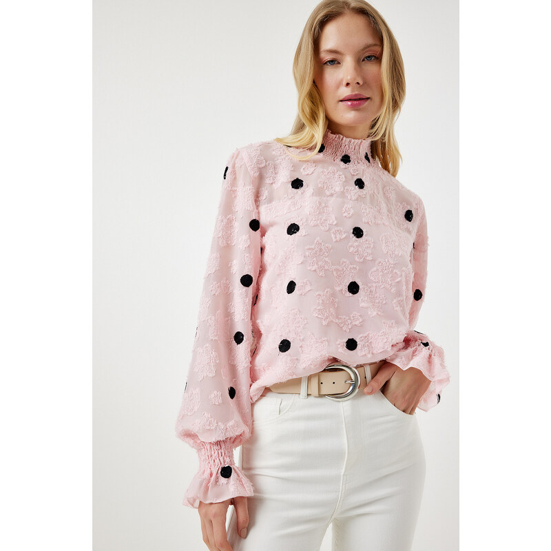 Happiness İstanbul Women's Candy Pink Marked Polka Dot Woven Blouse