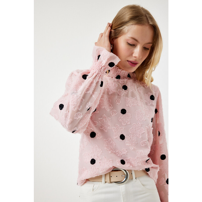 Happiness İstanbul Women's Candy Pink Marked Polka Dot Woven Blouse