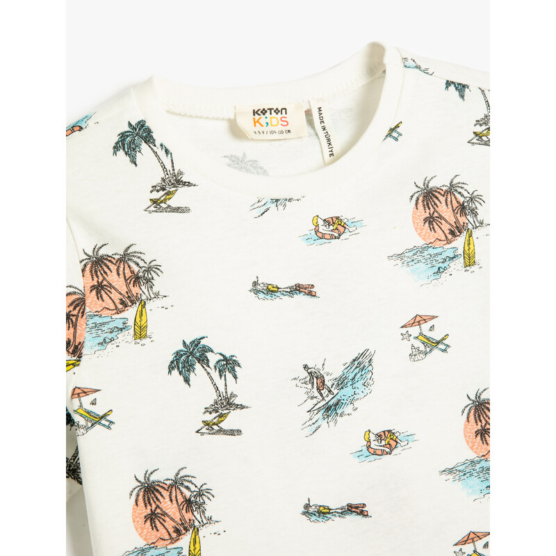 Koton Summer-Theme T-Shirt with Short Sleeves, Crew Neck Cotton