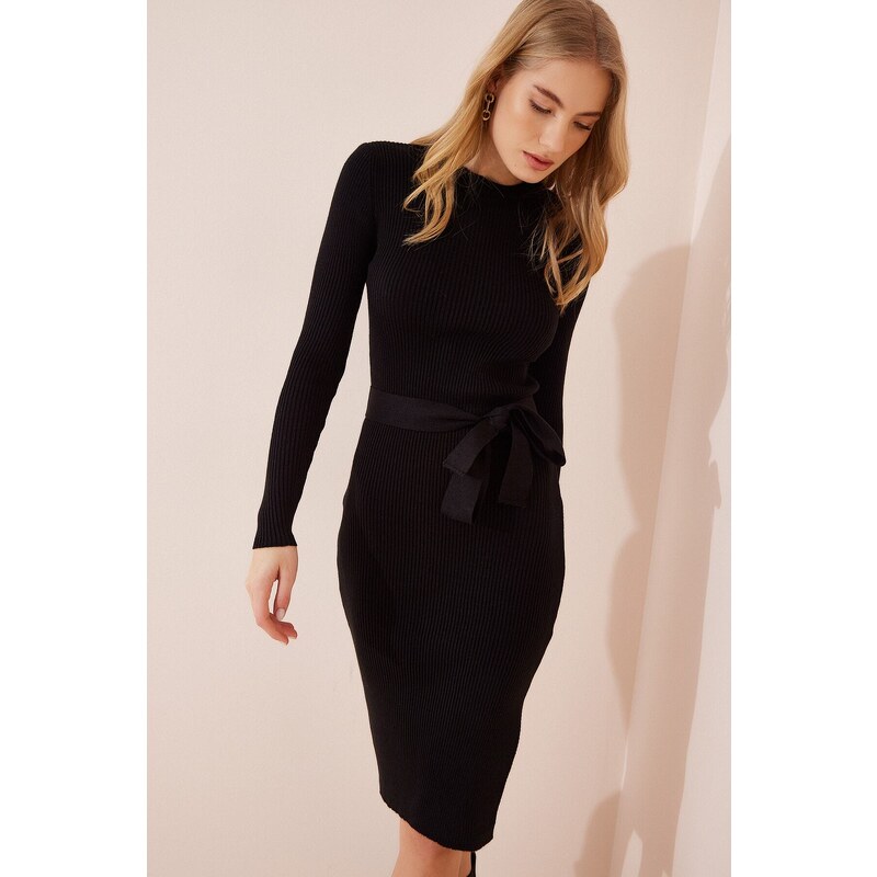 Happiness İstanbul Women's Black Crew Neck Lycra Knitwear Dress