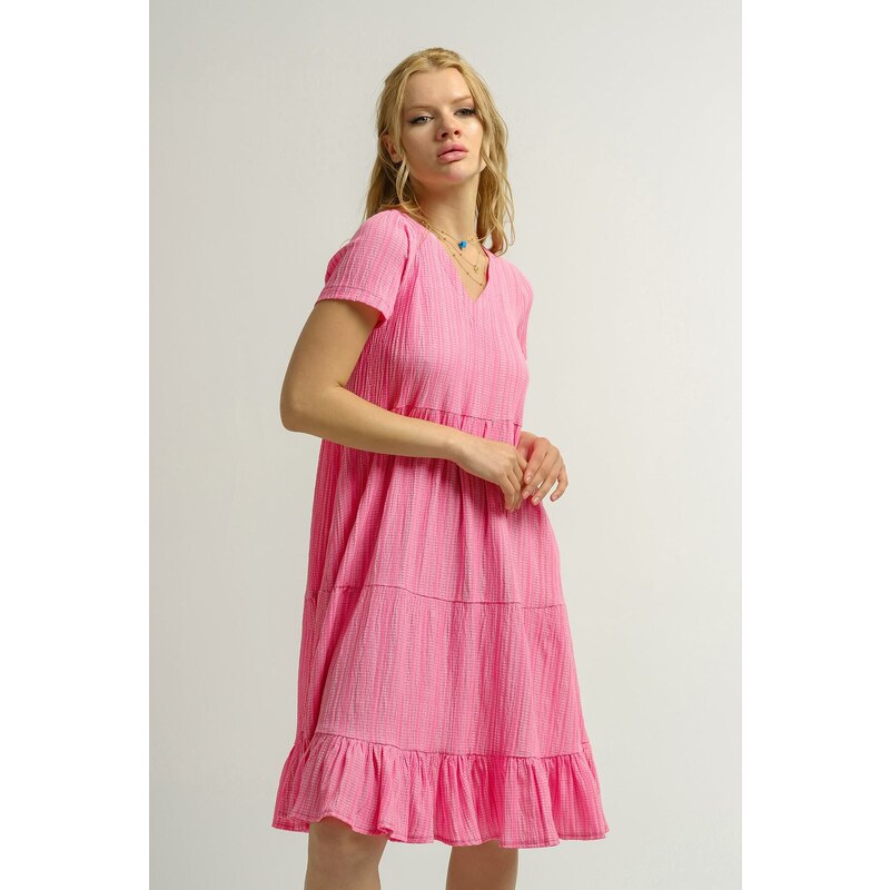 armonika Women's Pink V-Neck Gathered Short Sleeve Frilly Dress