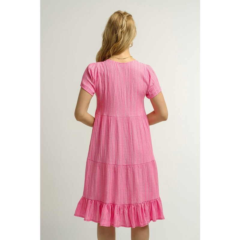 armonika Women's Pink V-Neck Gathered Short Sleeve Frilly Dress