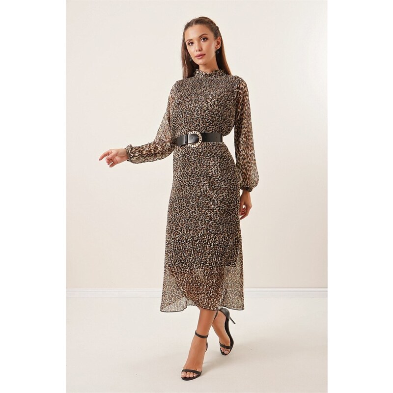 By Saygı Long Pleated Chiffon Dress with Belt, Lined Leopard Pattern. Brown