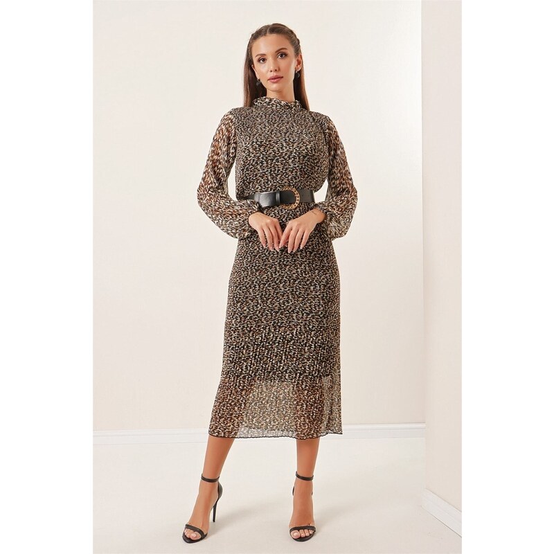By Saygı Long Pleated Chiffon Dress with Belt, Lined Leopard Pattern. Brown