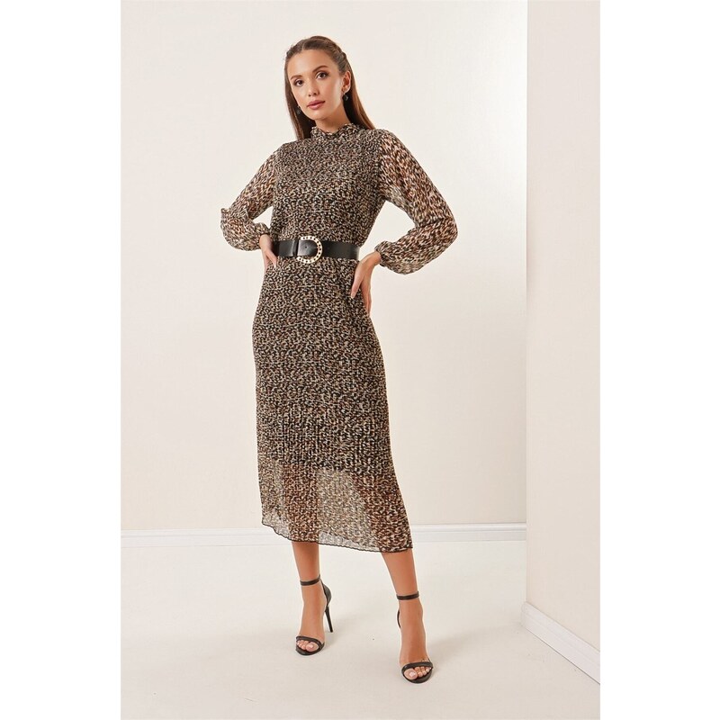 By Saygı Long Pleated Chiffon Dress with Belt, Lined Leopard Pattern. Brown