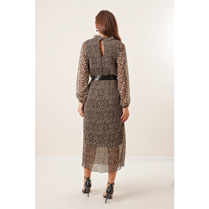 By Saygı Long Pleated Chiffon Dress with Belt, Lined Leopard Pattern. Brown
