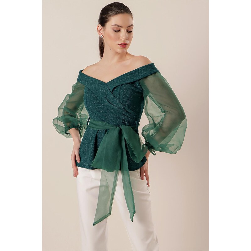 By Saygı Madonna Collar Sleeve Organza Belted Silvery Lycra Blouse