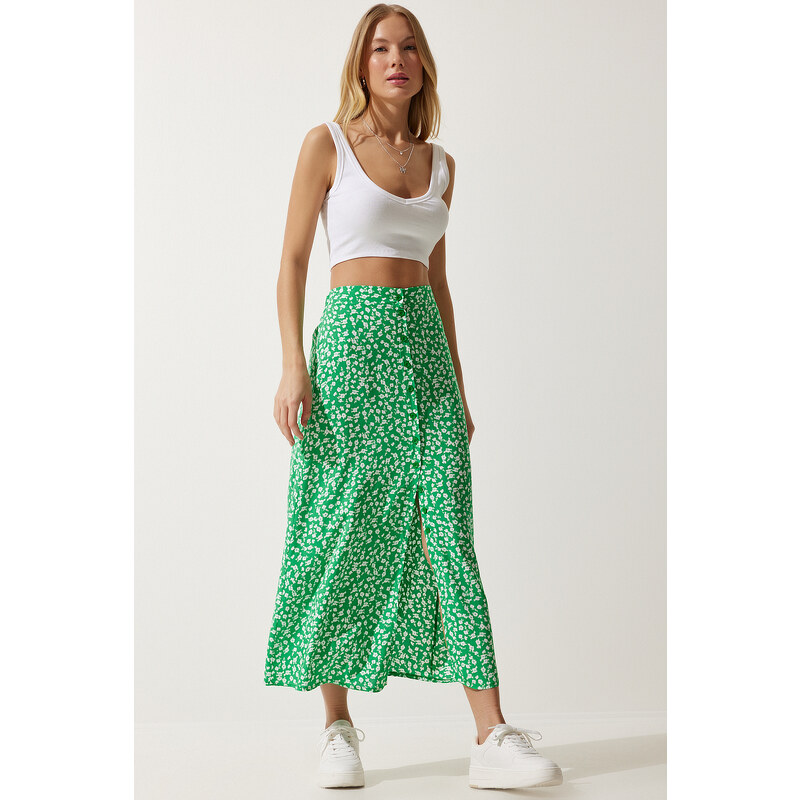 Happiness İstanbul Womens Green Patterned Slit Viscose Skirt 115618785