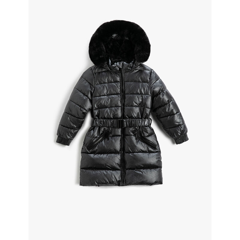 Koton Long Puffer Coat Faux Für Lined Zippered With Pocket