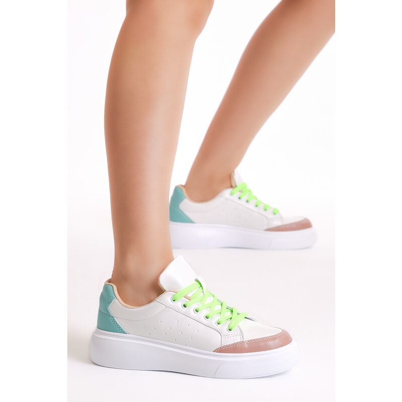 Tonny Black Women's White Green Poly Sole Lace-Up Sneakers