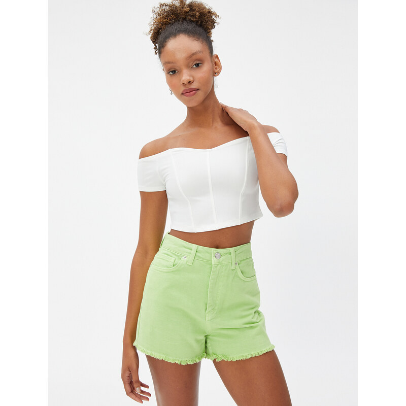 Koton Crop T-Shirt Off-Shoulder Corset Detailed Sweetheart Neck.