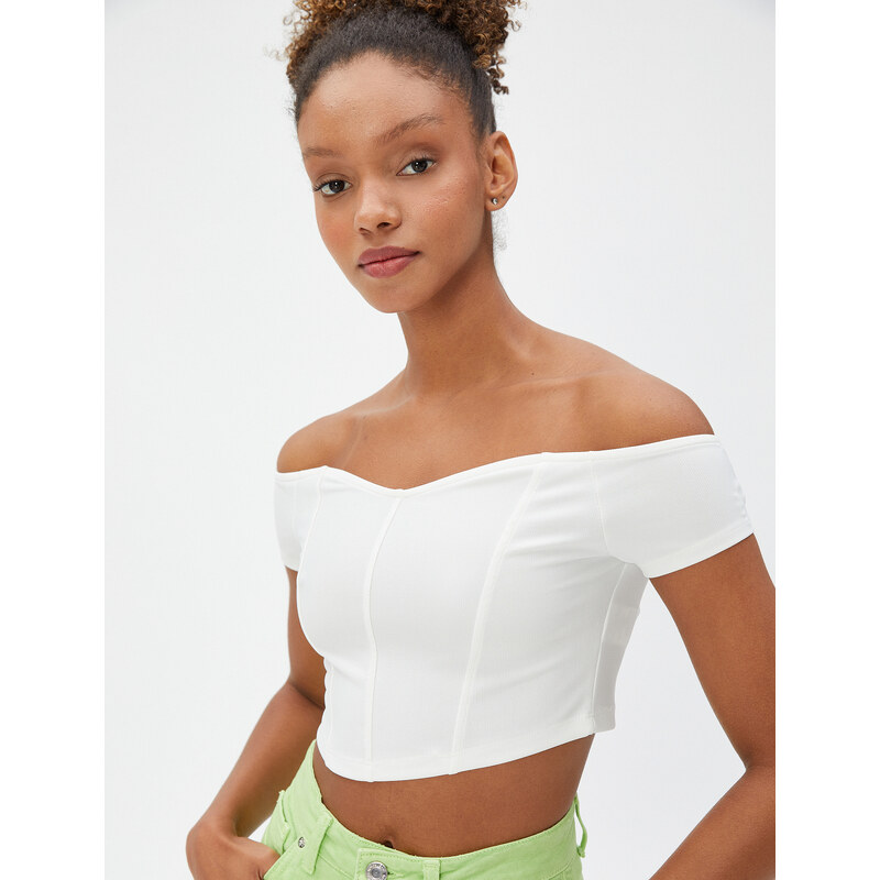 Koton Crop T-Shirt Off-Shoulder Corset Detailed Sweetheart Neck.