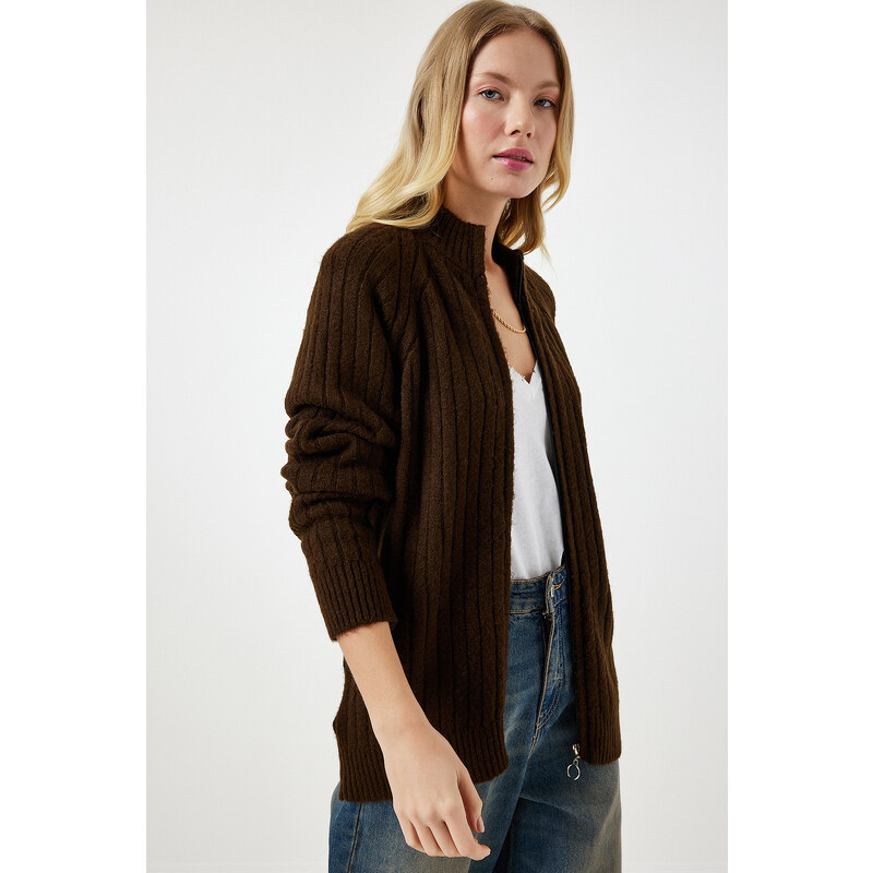 Happiness İstanbul Women's Brown Zippered Knitwear Cardigan