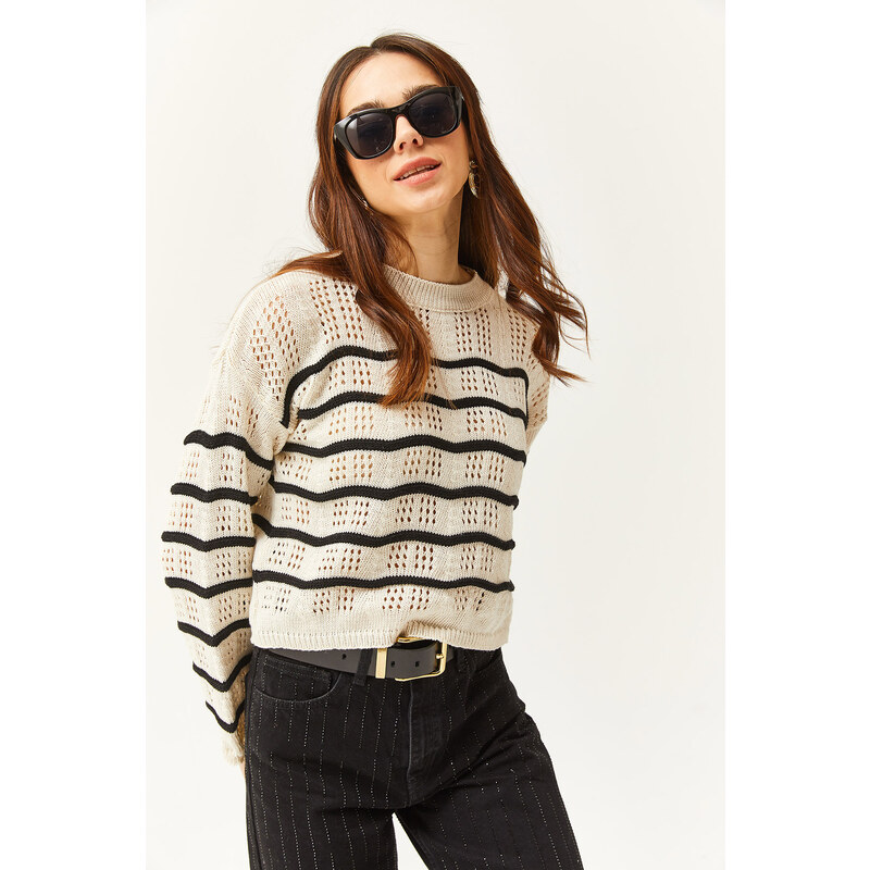 Olalook Women's Ecru Black Thin Striped Openwork Loose Seasonal Knitwear Blouse