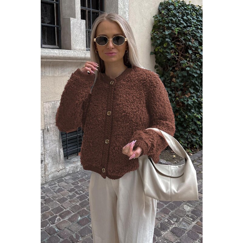 Madmext Brown Buttoned Boucle Knitwear Cardigan