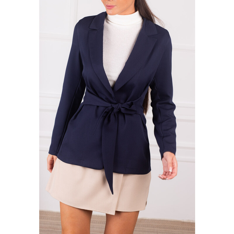 armonika Women's Navy Blue Slit Sleeve Tie Front Jacket