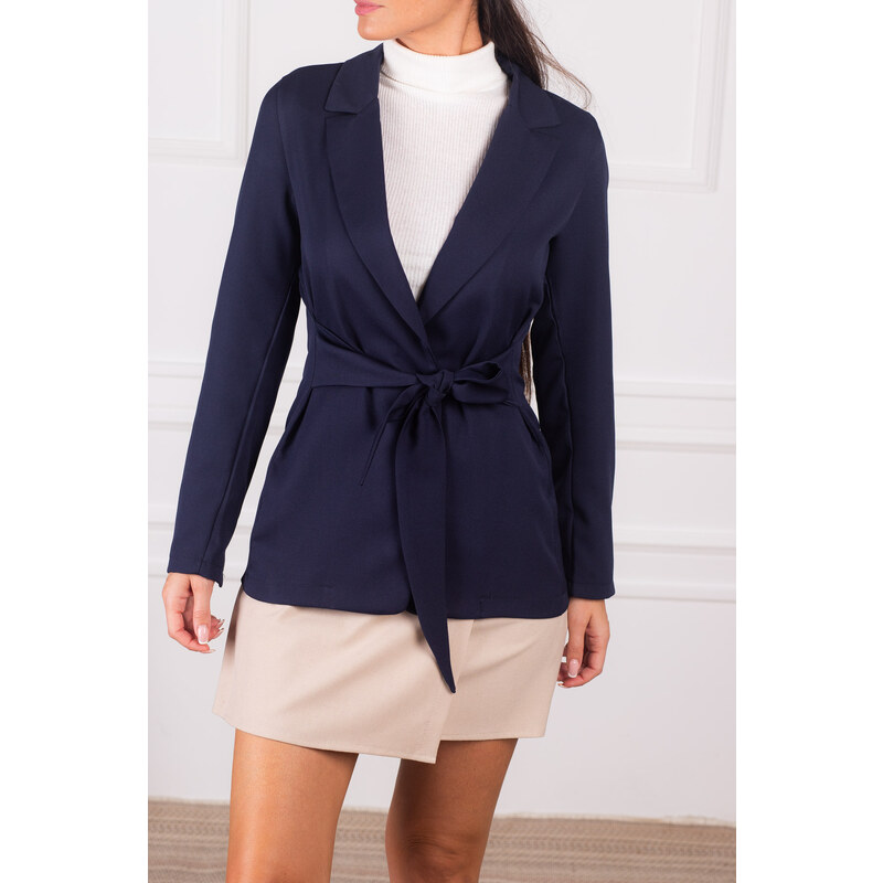 armonika Women's Navy Blue Slit Sleeve Tie Front Jacket