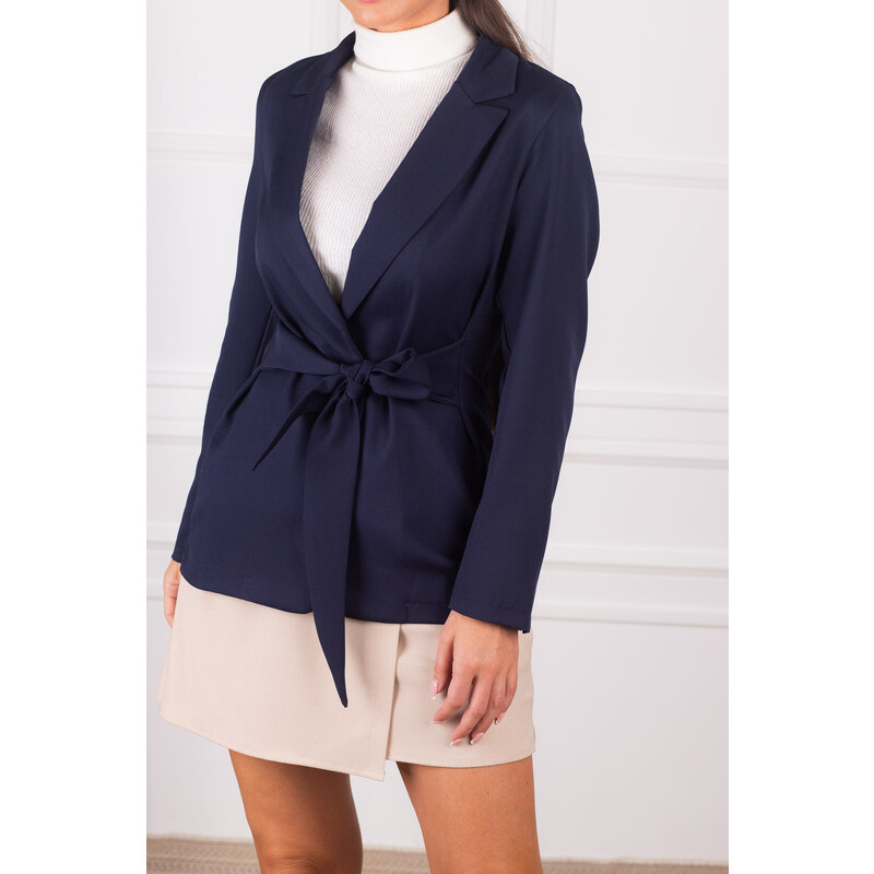armonika Women's Navy Blue Slit Sleeve Tie Front Jacket
