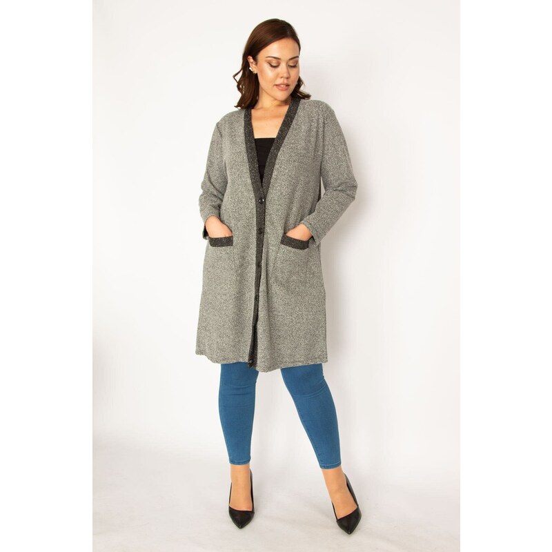 Şans Women's Plus Size Gray Marked Boucle Fabric Unlined Pocket Jacket