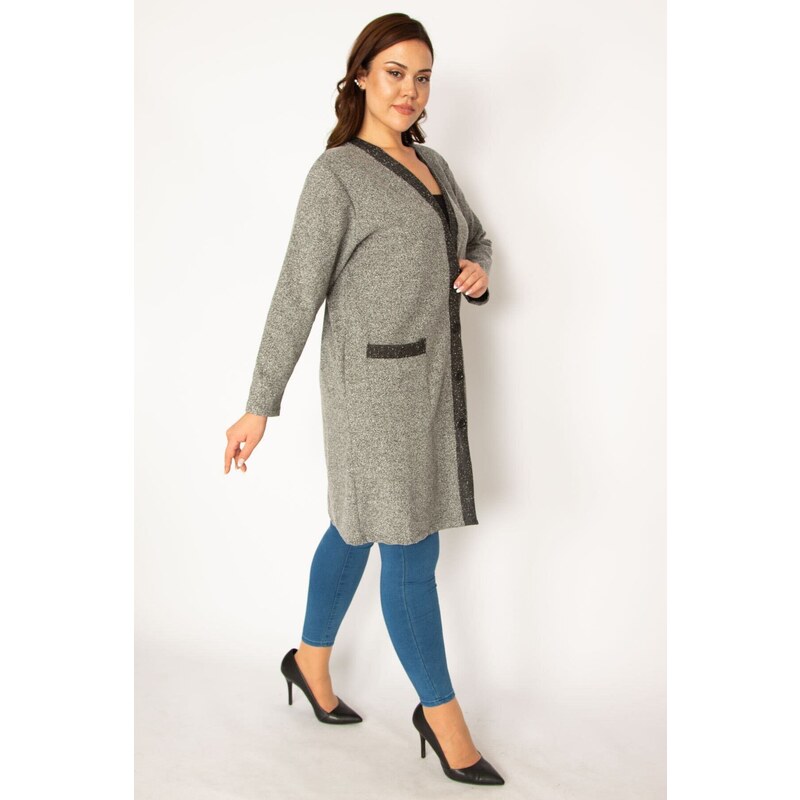 Şans Women's Plus Size Gray Marked Boucle Fabric Unlined Pocket Jacket