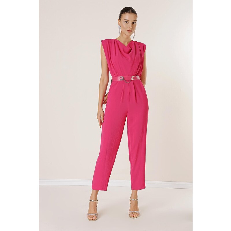 By Saygı Collar Collar Waist Belted Shoulders Padded Pocket Jumpsuit