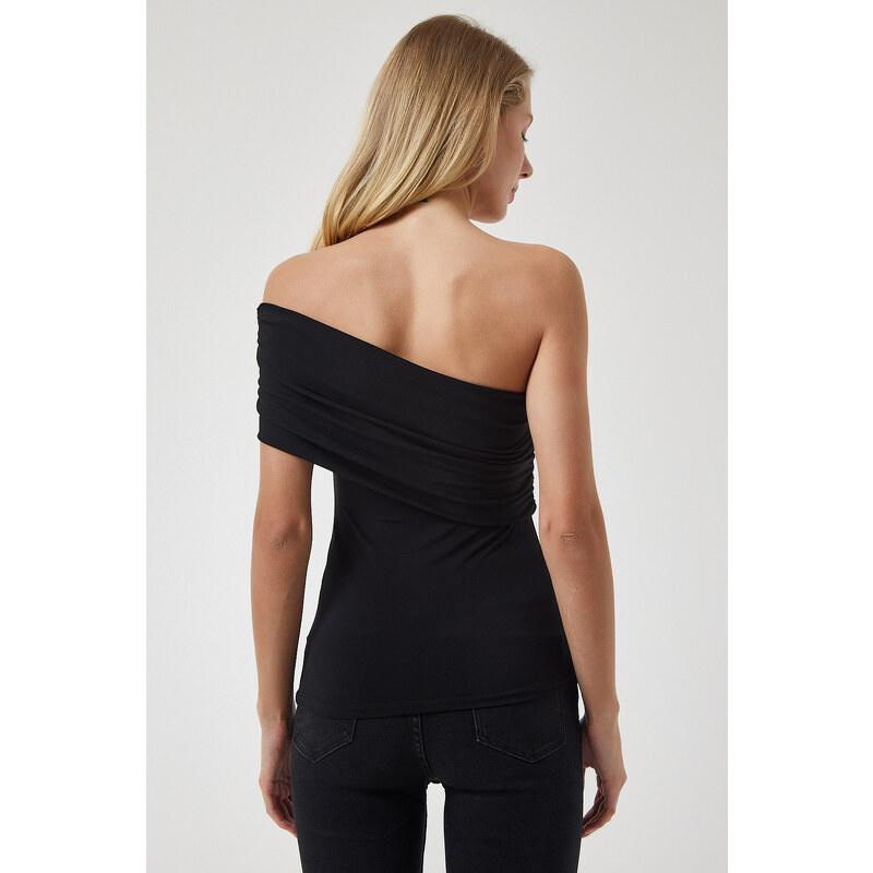 Happiness İstanbul Women's Black One-Shoulder Gathered Knitted Blouse