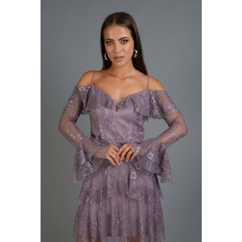 Carmen Lavender Lace Long Sleeves Short Evening Dress